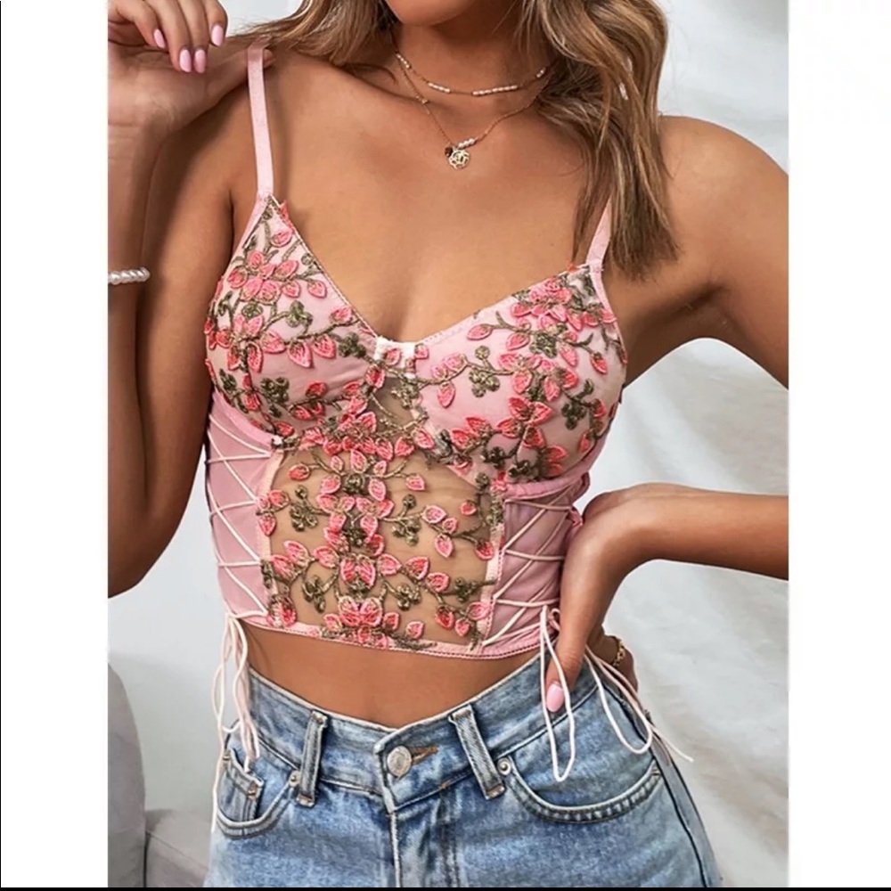 Worn 1x floral print corset with ribbons lace up crop top in pink floral design